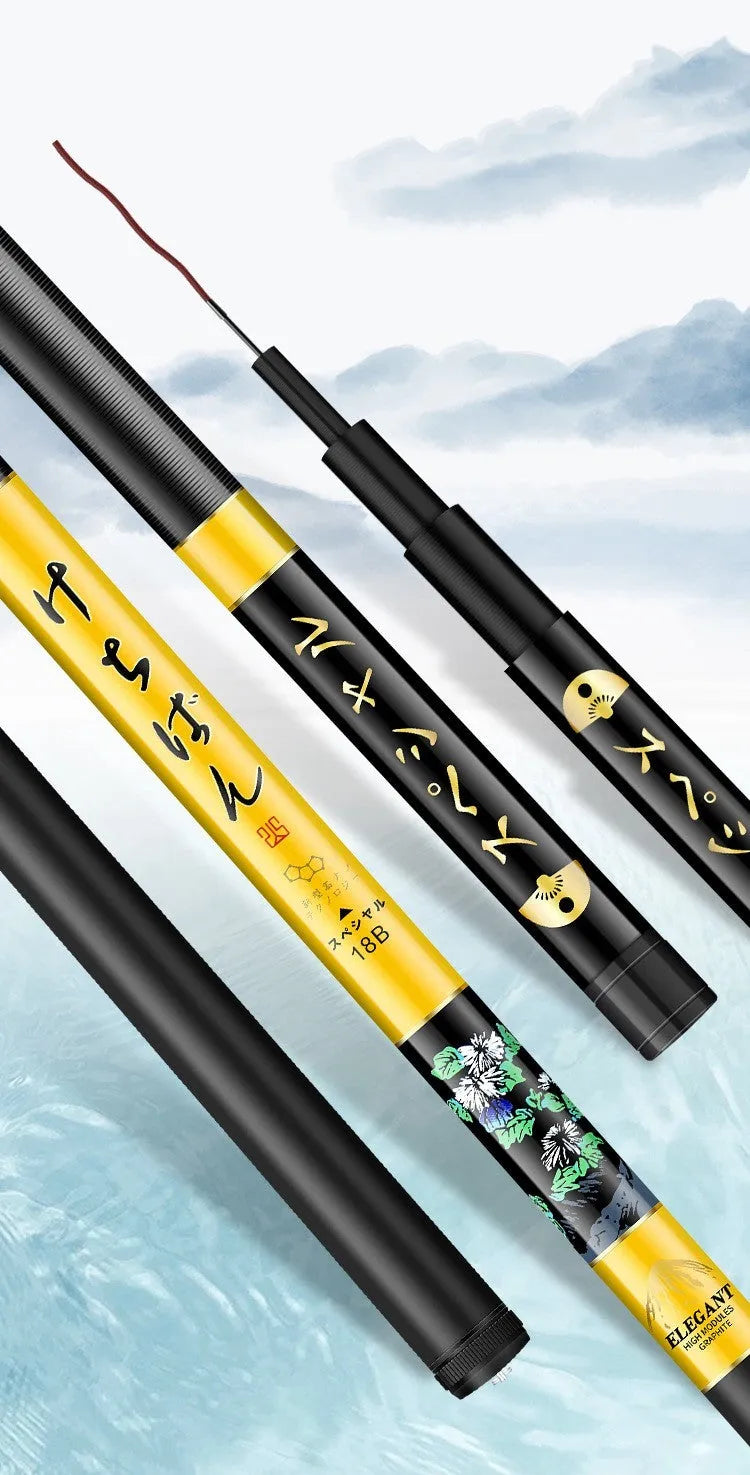 5H19 hardened carbon fishing rod with 28 fishing and 19 fishing colour options, shown in a 3.6m to 7.2m length range