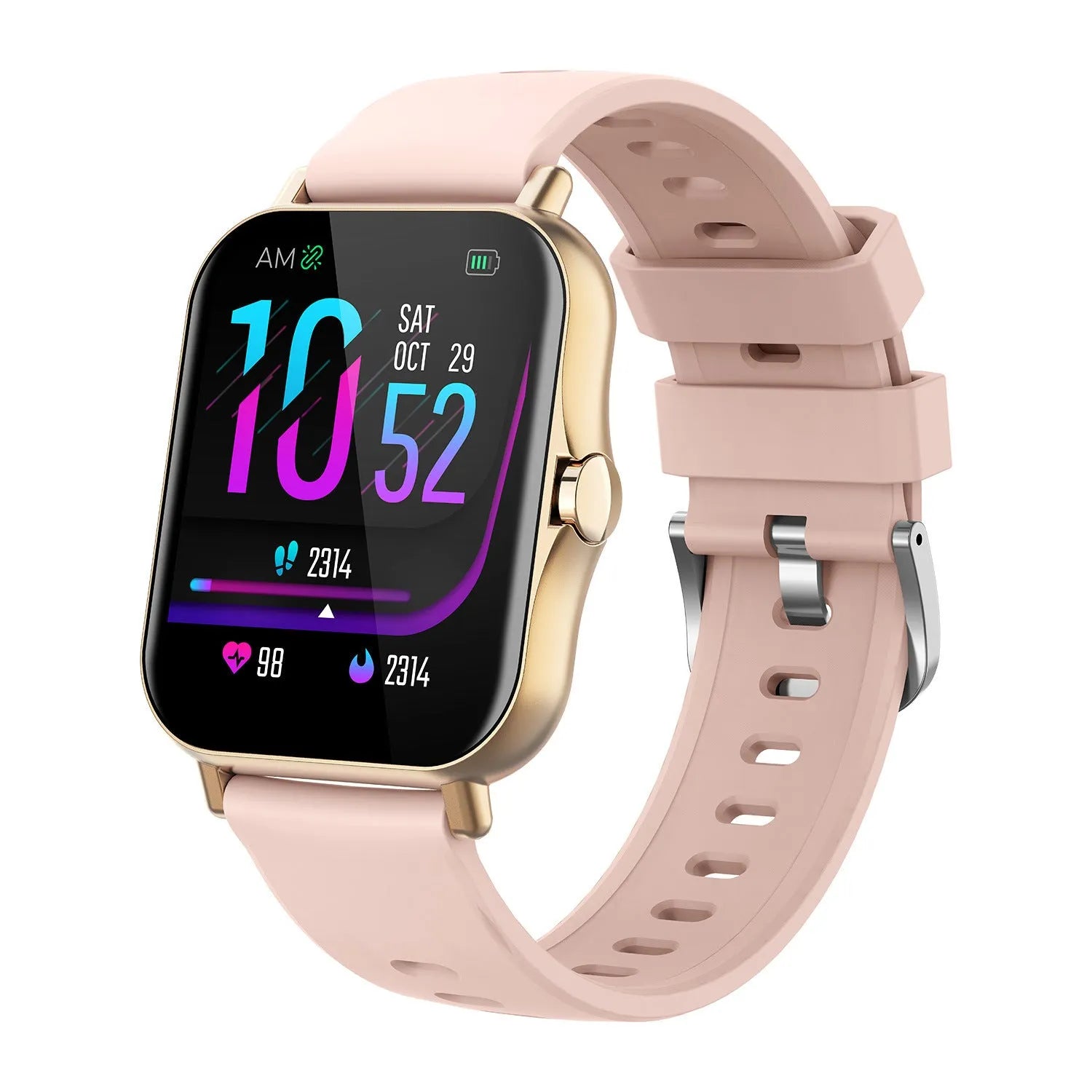 W10 smart watch with blue wristband showing heart rate and blood pressure on 1.75-inch curved screen