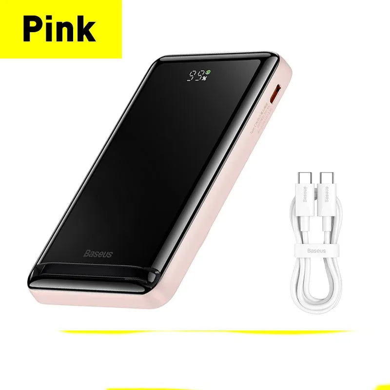 Slim blue magnetic 3-in-1 wireless power bank next to a charging cable.