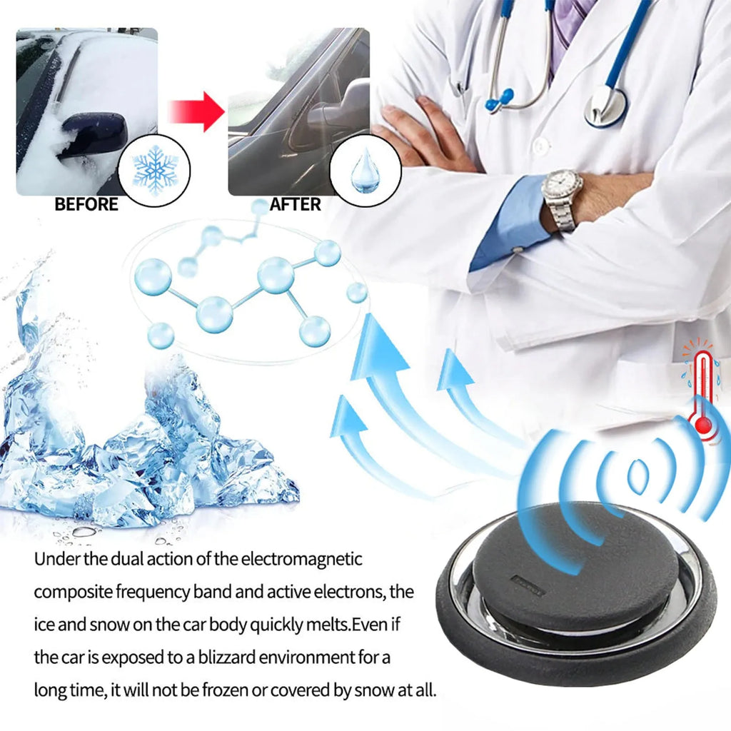 Black plastic portable car deicing instrument showing compact square shape.