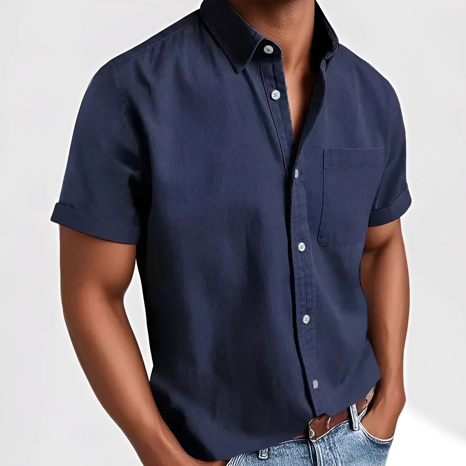 Men's loose fit short sleeve casual shirt in cotton blend polyester, shown in multiple colour options.