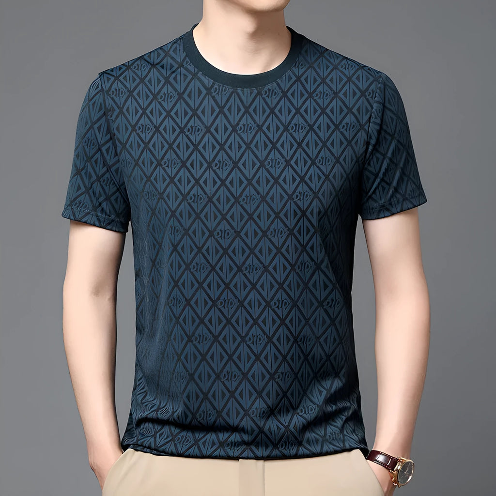 Men's round neck loose-fit jacquard short sleeve shirt in ice silk fabric