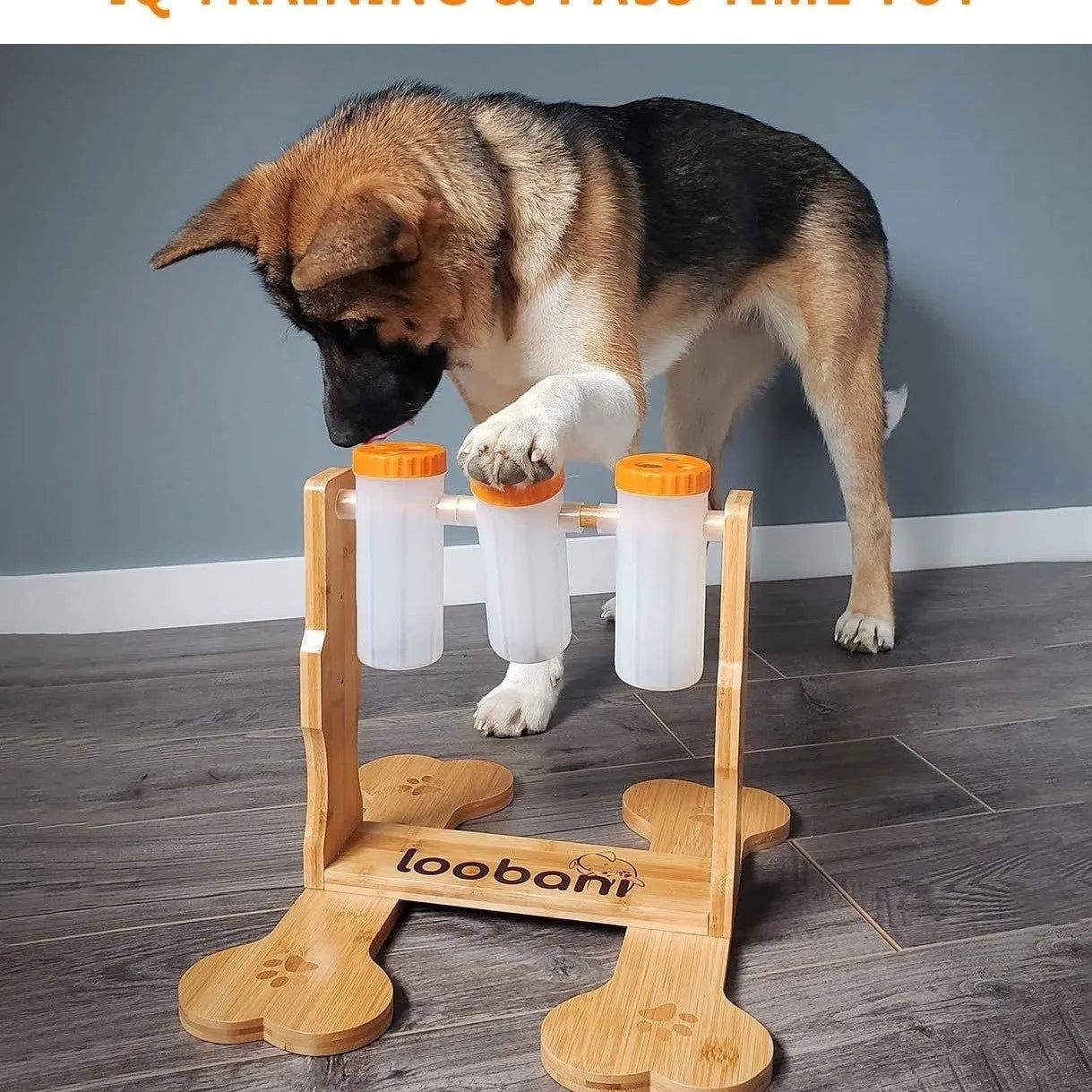 Wooden dog puzzle toy treat dispenser measuring 31x30x20cm with compartments for canine mental stimulation