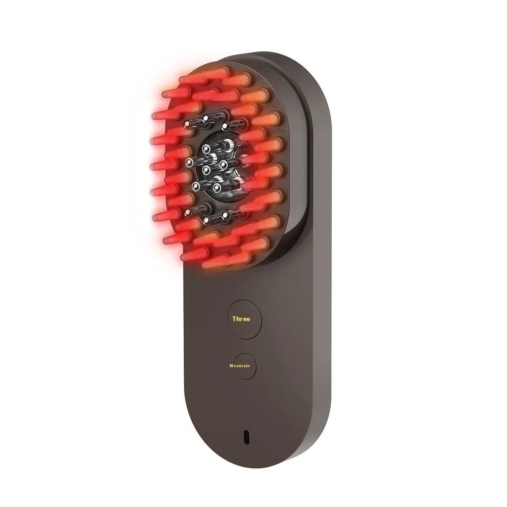 Pink and black smart massage comb for scalp care with red light therapy, less than 10cm long.