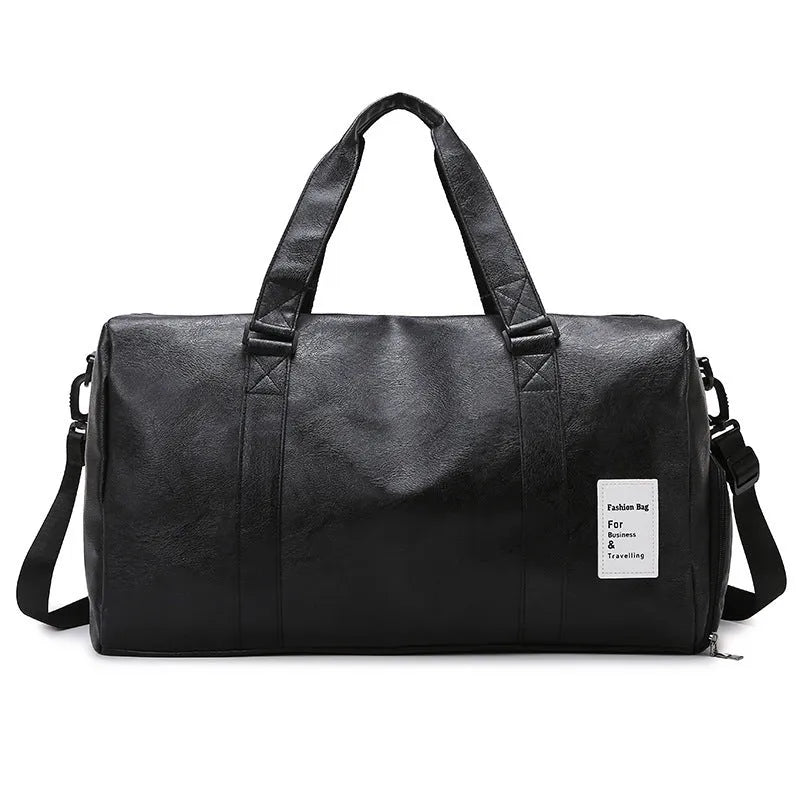 Black dry wet separation fitness shoulder messenger bag made of PU, showing compartment layout.