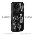 Metal frame forged pattern mobile phone case in blue gold with carbon fibre construction and magnetic attachment