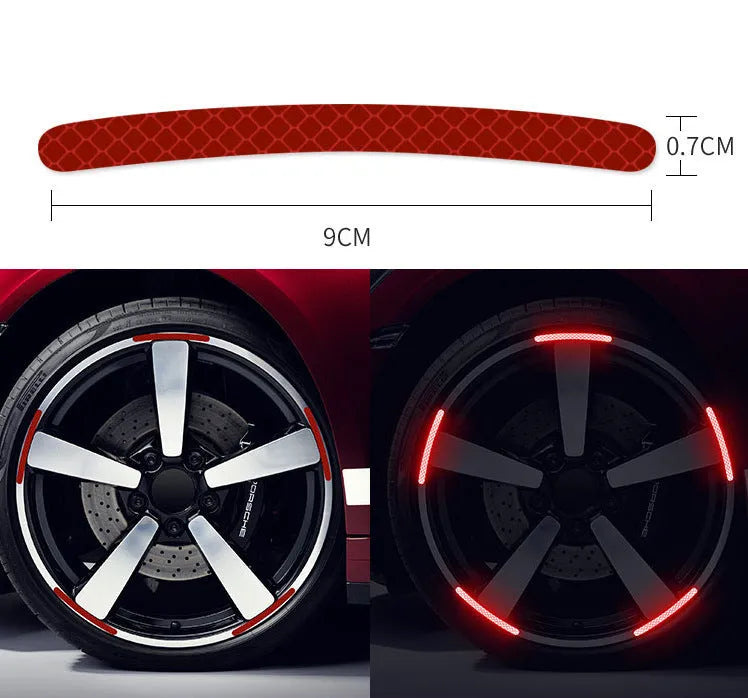 20-piece car wheel reflective stickers in arc shape with 11 colour options including fluorescent and luminous variants on wheel hub