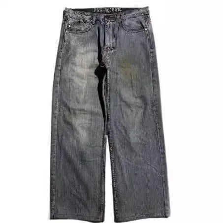 Men's grey wide-leg jeans with straight-leg design and washed-out finish for retro workwear style