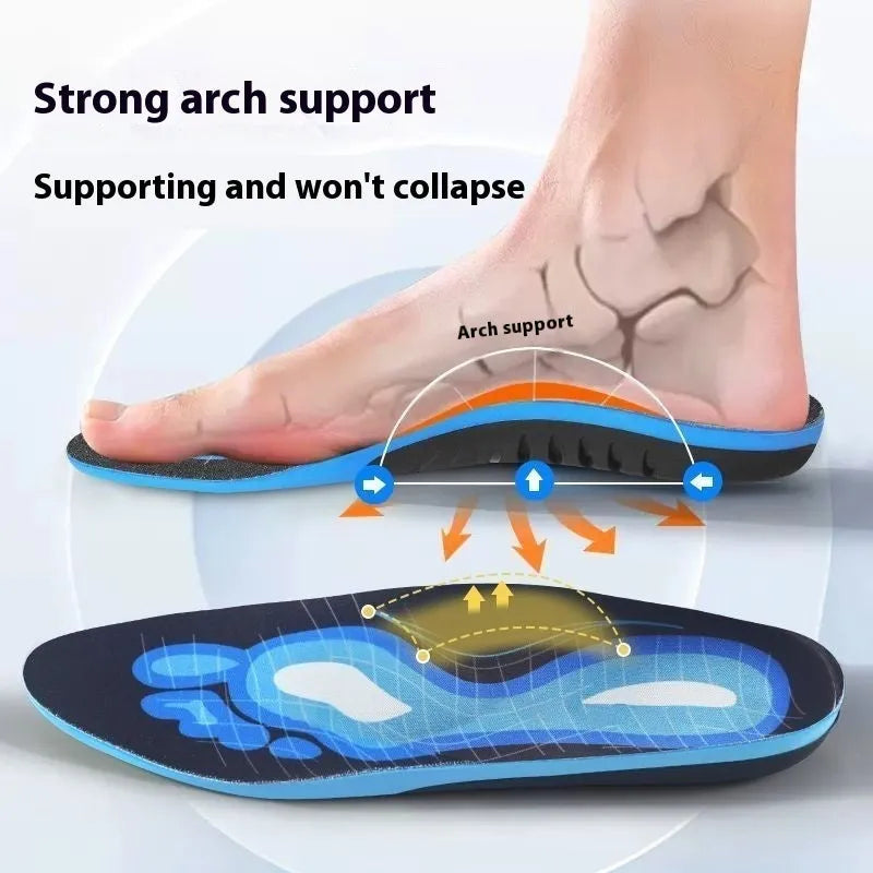 Blue and green PU flat foot correction insoles showing arch support design for universal shoe sizes.