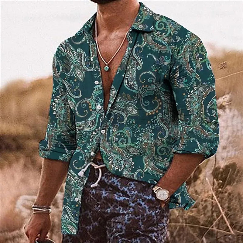 Man wearing a loose-fit long-sleeved shirt with a detailed 3D floral pattern print.