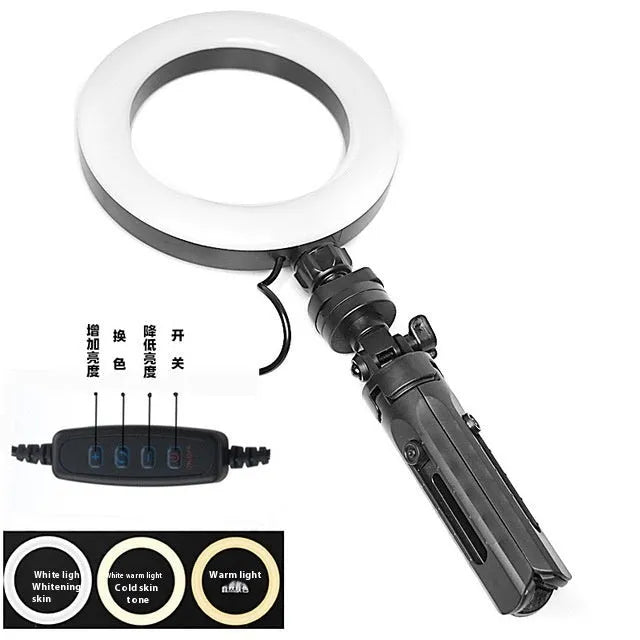 Black universal desktop tripod and bracket kit with adjustable fill light for mobile phones.