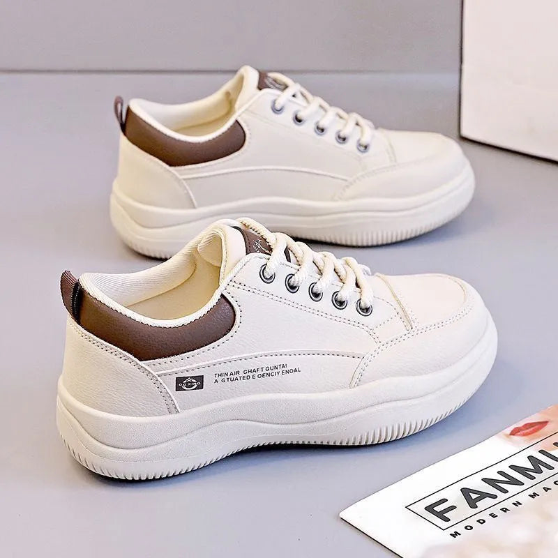 Women's Korean-style leather white shoes with cross straps, 3-5cm heel, and rubber soles