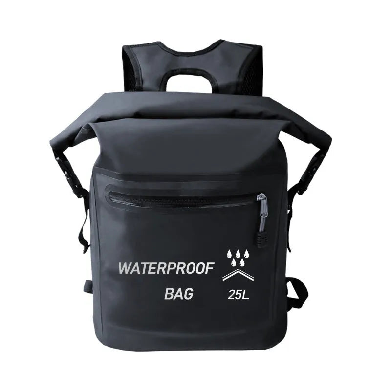 Black 25L waterproof outdoor backpack for swimming, river tracing and rafting activities