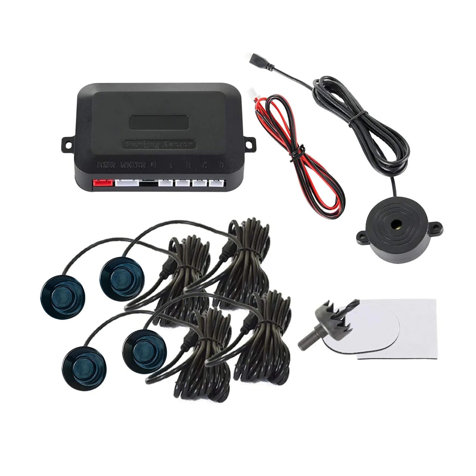 4-probe buzzer reversing radar system with sensors, control module, and installation tools for vehicle parking safety