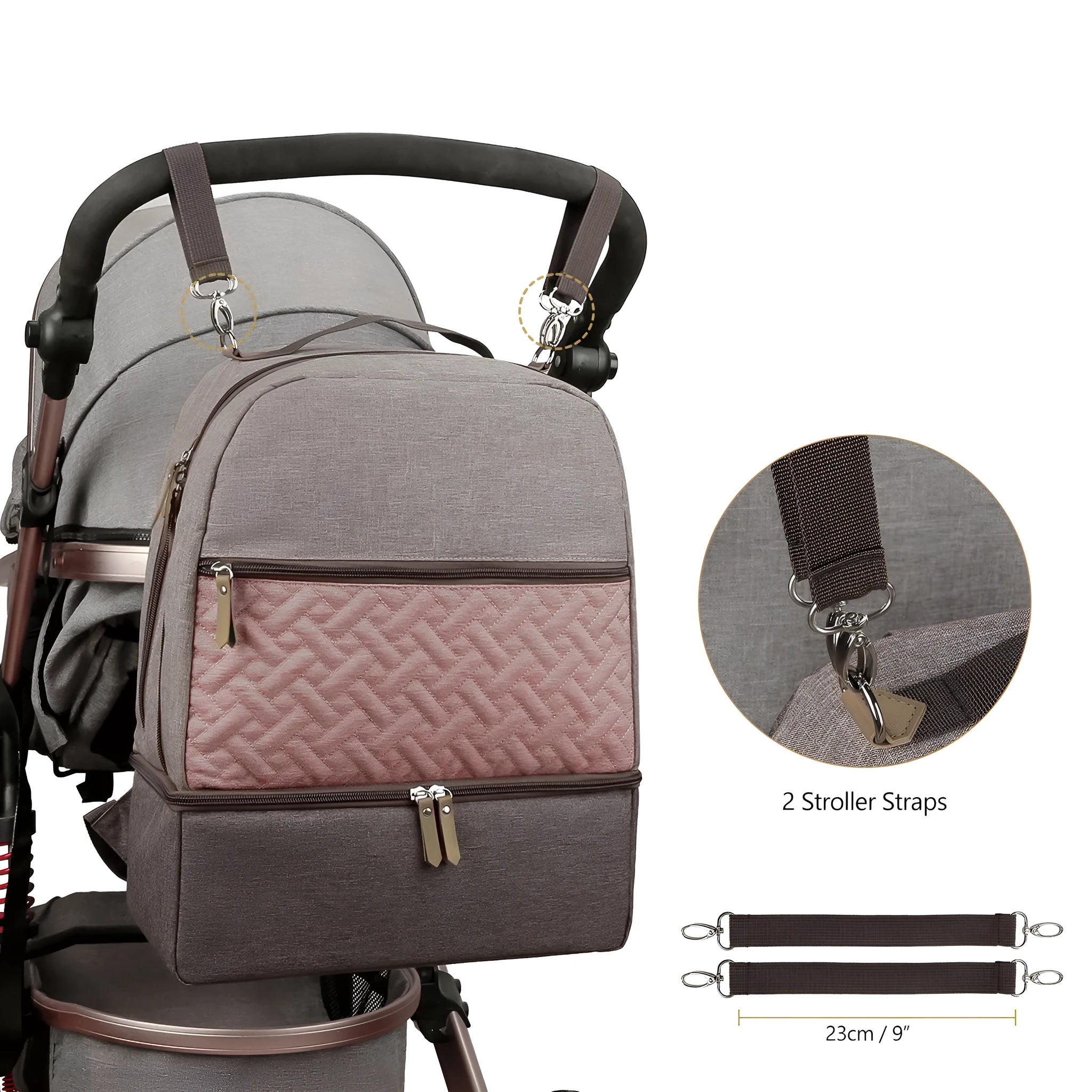 Gray insulated mother and child travel backpack with curved shoulder straps showing multiple compartments