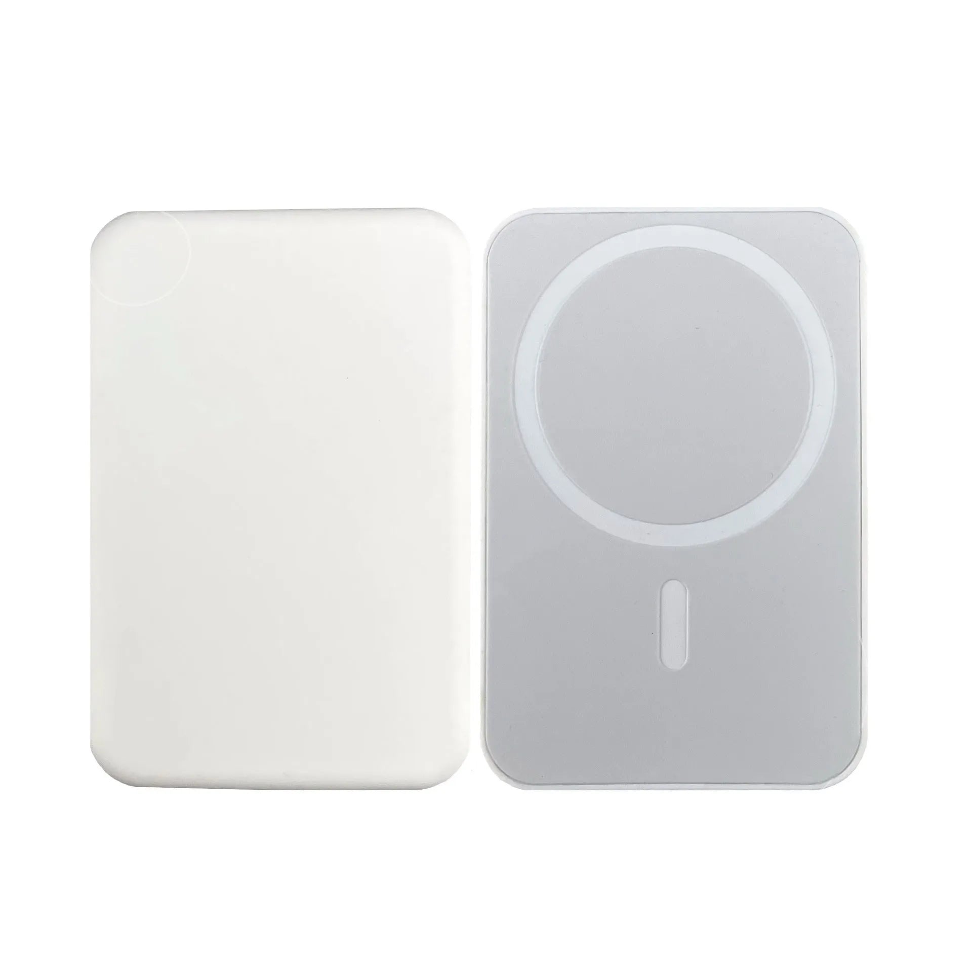 White magnetic wireless charger with 5000mAh power bank showing compact 100x65x16mm dimensions