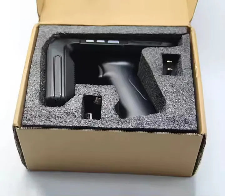 SLP-05 handheld UHF RFID scanner with 5-inch touchscreen showing inventory data, measuring 165x80x25mm