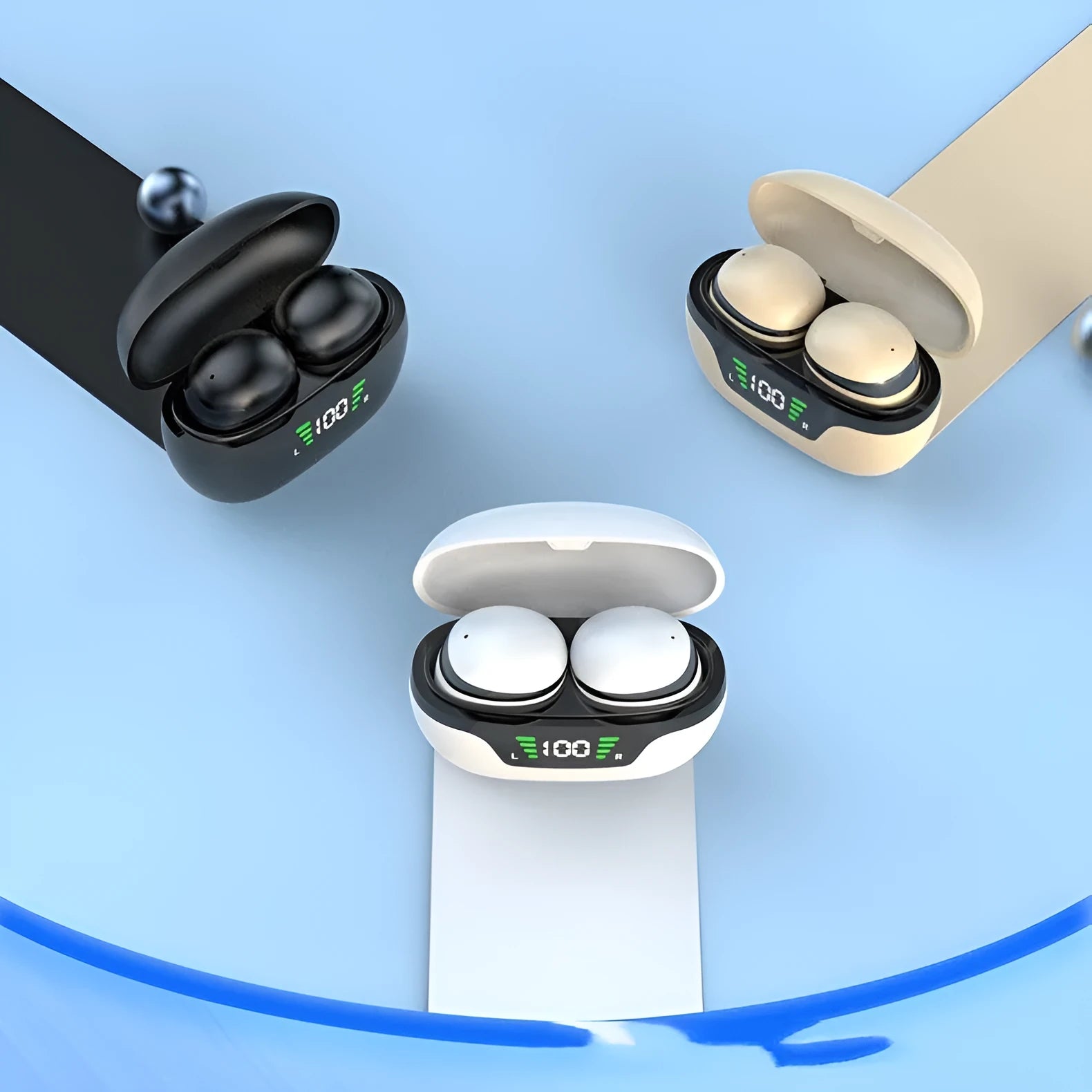 Black Super Mini wireless Bluetooth in-ear headset with charging cable.