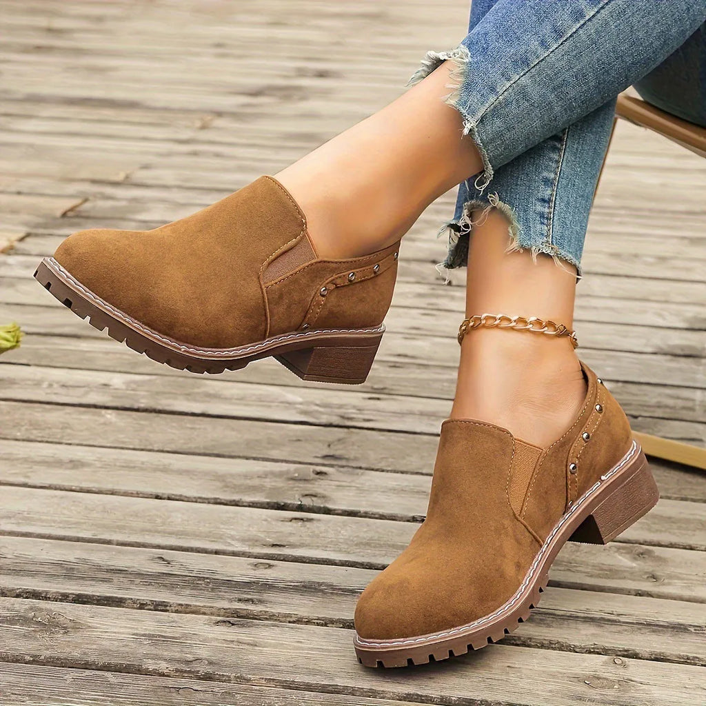 Women's plus size suede ankle boots with low heel and elastic band in light brown colour