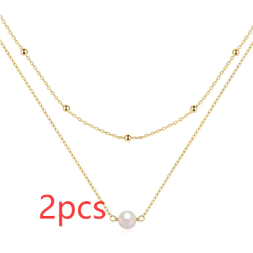 S925 sterling silver double layer necklace with twin pearls on a ball bead chain in gold or white gold colour