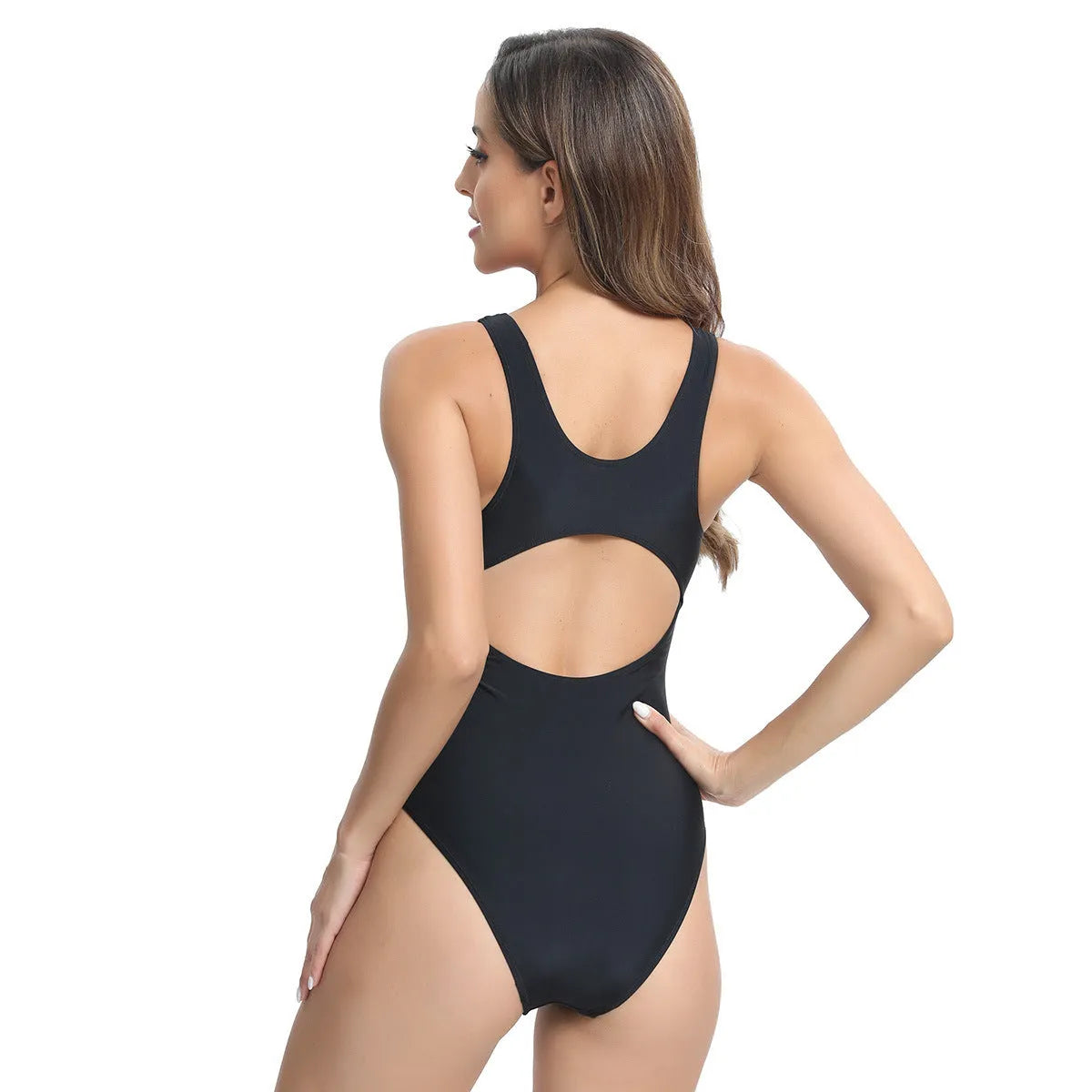 Women's one-piece swimsuit in rose red, blue, or white, showing sleeveless brief design for swimming.