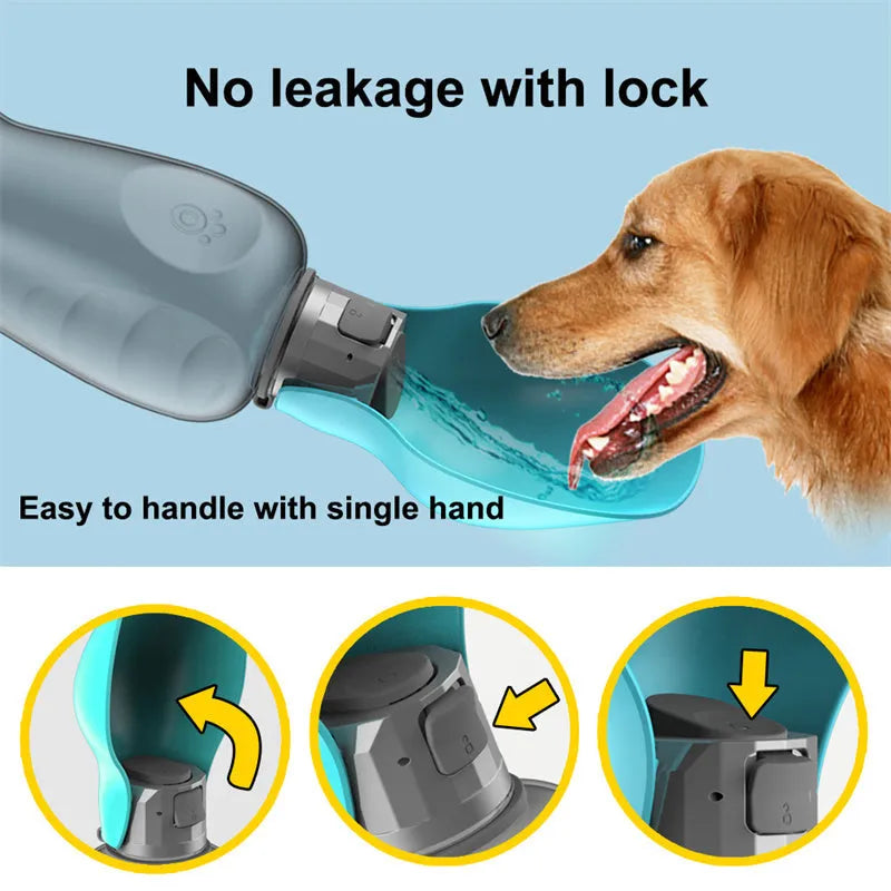 Blue grey portable dog water bottle with foldable drinking bowl extended, showing 800ml capacity.