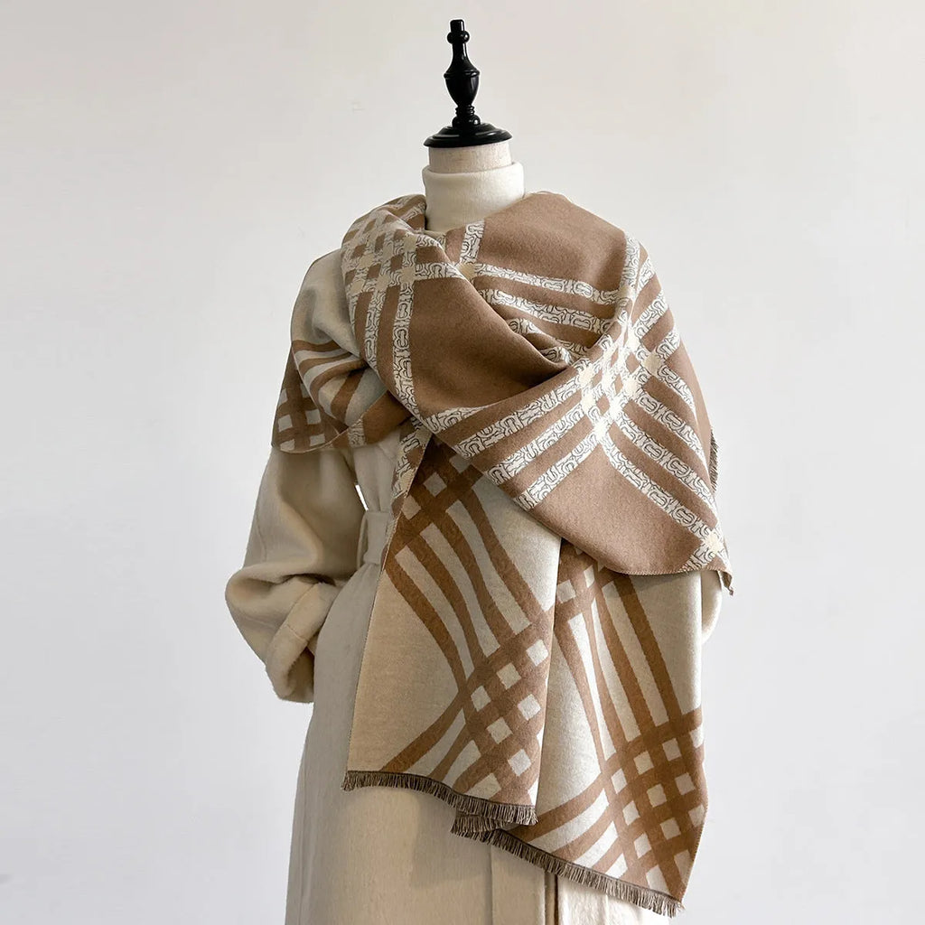 Cashmere-like scarf with tassel detailing in brown colour, showing 185x65cm dimensions