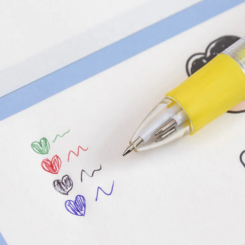 Cartoon-themed four-colour press ballpoint pen showing press mechanism and 0.7mm tip with themed design options