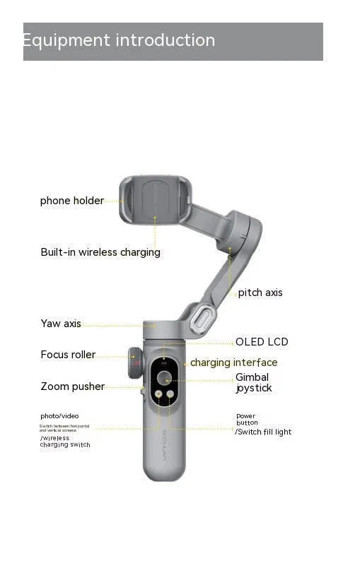 Silver grey Pro Mobile PTZ three-axis smartphone stabiliser gimbal with tripod extension and storage case