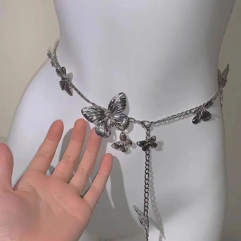 Golden butterfly waist chain with adjustable clasp, 104cm length, on a model showing retro style.