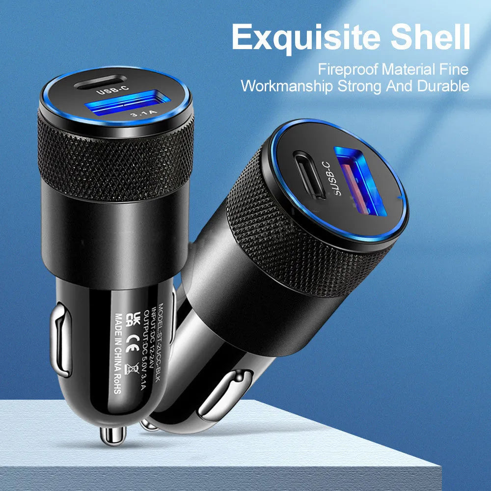 Aluminium alloy mobile phone car charger with compact 2.5cm by 6cm dimensions