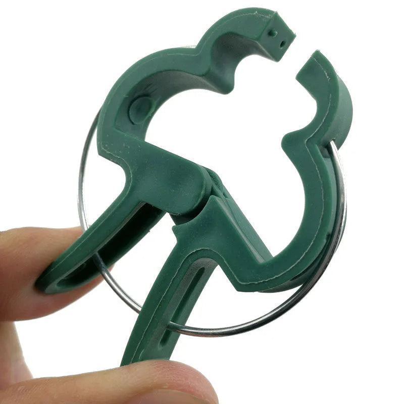 Green plant fixing clips holding tomato vine to support stake without damaging stem