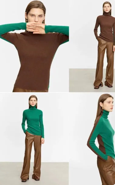 Women's color-block turtleneck wool sweater in retro green, slim fit long sleeve pullover