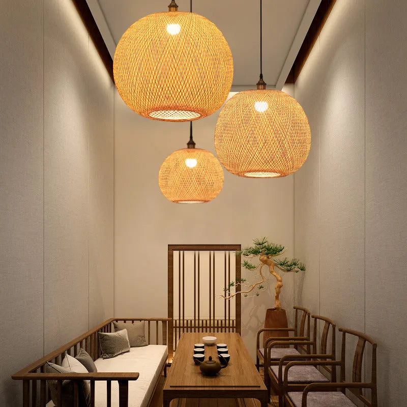 Rustic pastoral style hall chandelier with a single fabric shade, shown in a bedroom setting.