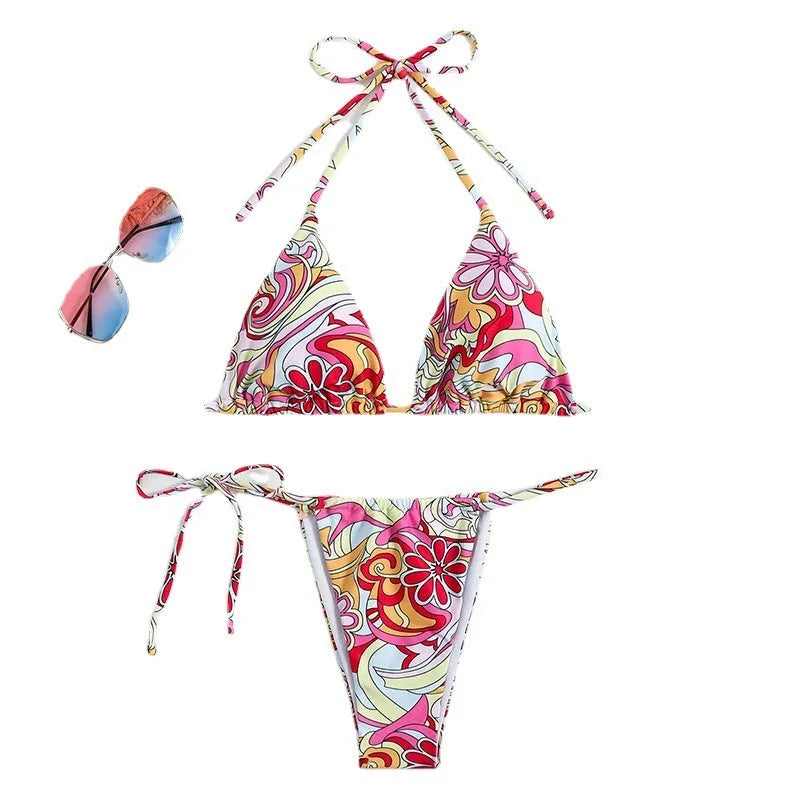 Women's triangle print bikini with hanging neck top and separate system design in multicolour