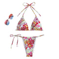 Women's triangle print bikini with hanging neck top and separate system design in multicolour