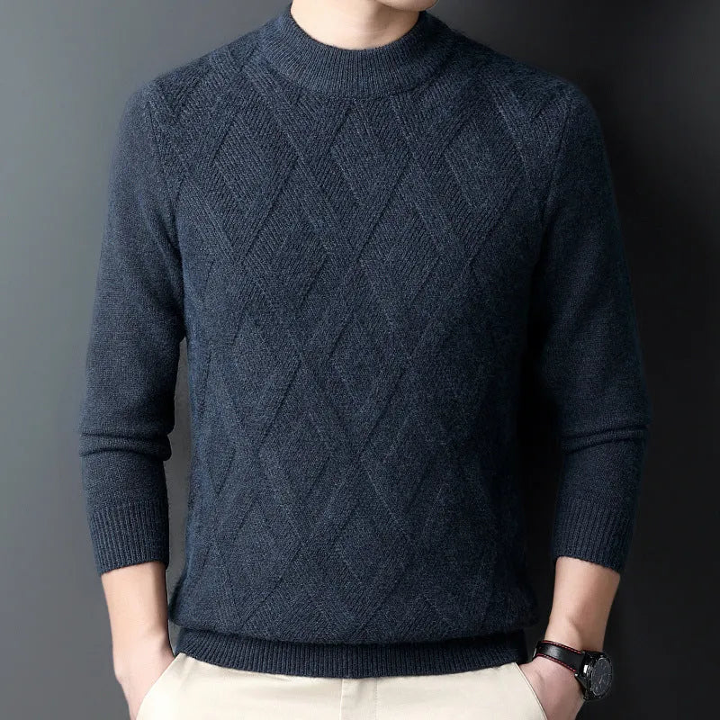 Men's winter sweater in diamond jacquard craft, available in light camel and other colours, with size options from 165 to 190 yards.