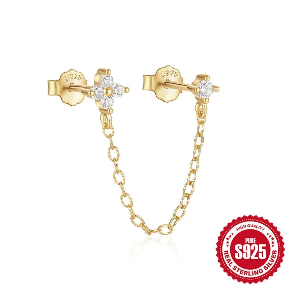 S925 sterling silver ear clip studs with electroplated gold finish, geometric design featuring floral motifs and tassel details