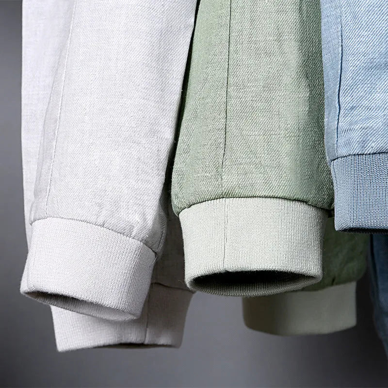 Men's linen jacket in heather grey, grass green, or blue with regular fit for plus-size wearers