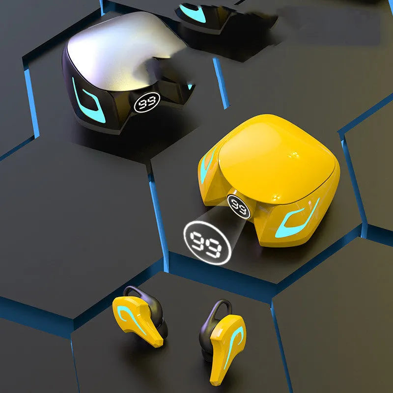 Gaming Bluetooth headset with earplug design in black grey, yellow, or cool black colour options showing wireless earpieces