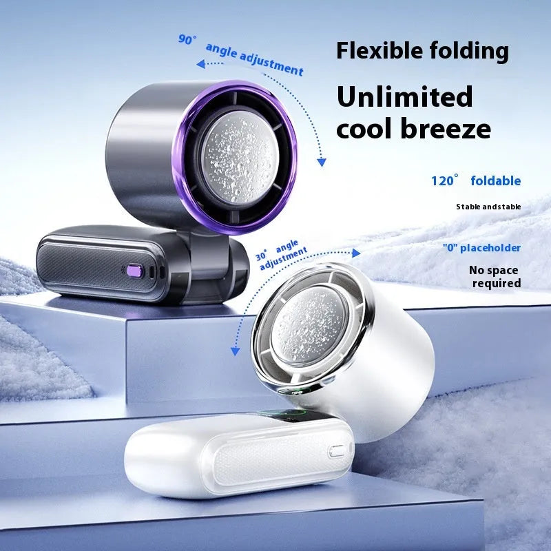 A portable neck fan with a USB port and adjustable speed settings, shown in a choice of colours.