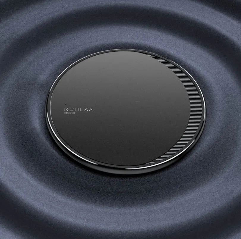 Black Kuulaa wireless charging disc for mobile phones with LED indicator and Micro USB port