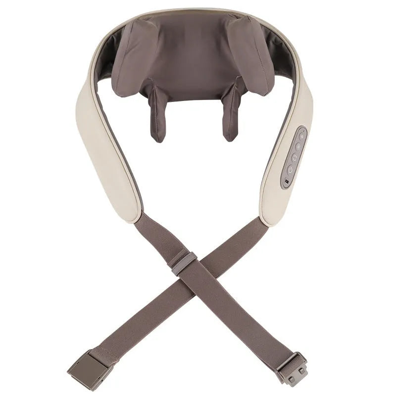 Milky white rechargeable shoulder and neck kneading massager with USB cable.