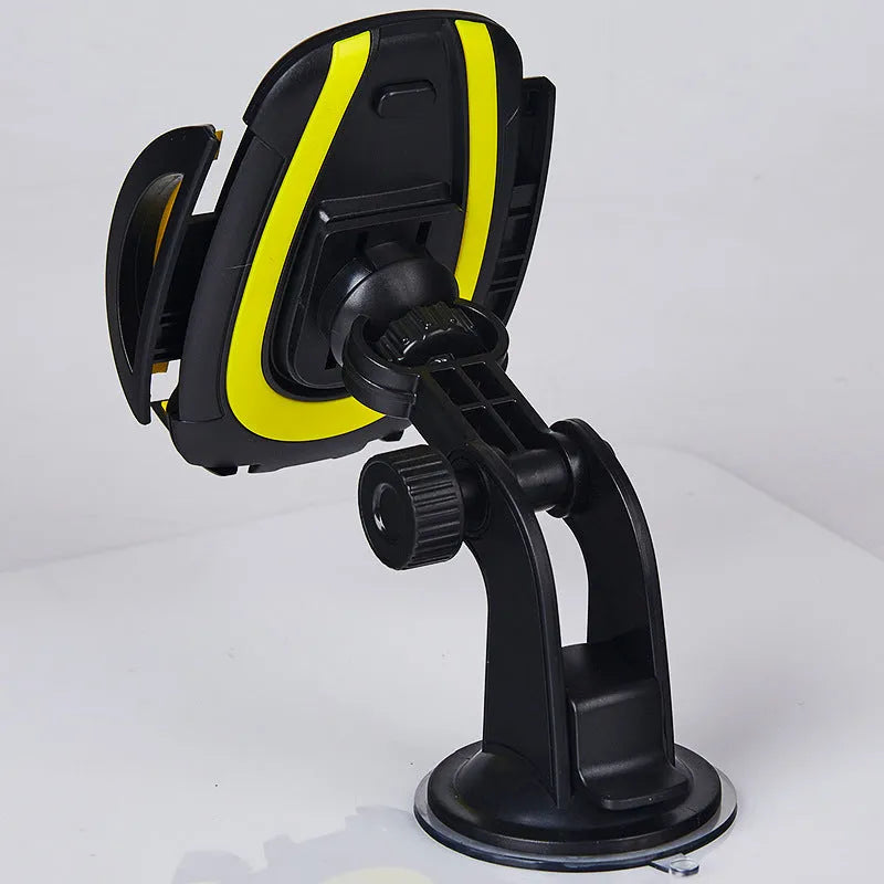Blue U-shaped mobile phone bracket with suction cup mount showing clamp arms open for device insertion