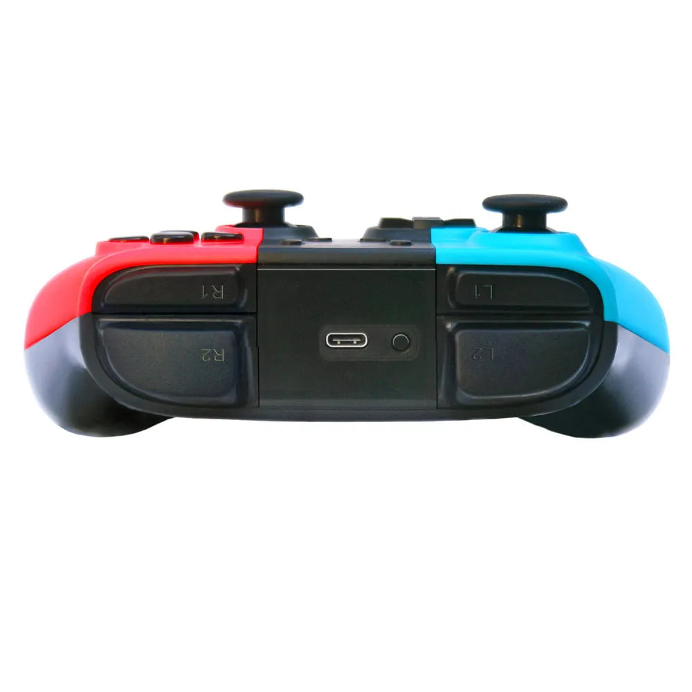 SWH wireless game controller for Nintendo Switch in hand, showing analogue sticks, face buttons, and ergonomic shape.