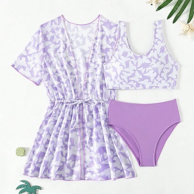 Girls three-piece polyester swimsuit set with coat, vest, and pants in colour 3218