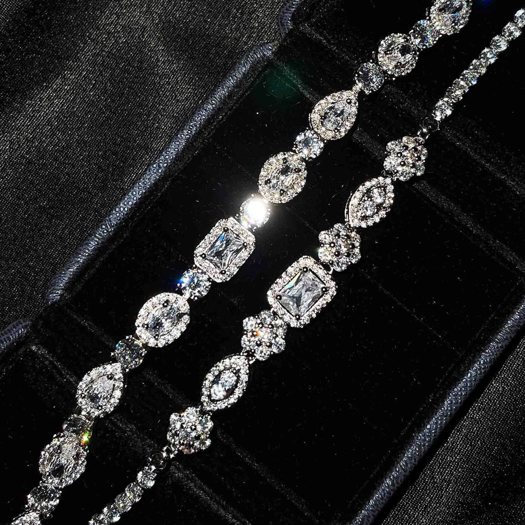 Women's geometric bracelet with adjustable 16-19cm length, copper white gold plating, and inlaid zircon stones