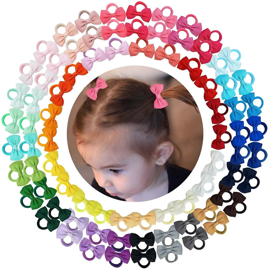 80-piece multi-coloured baby hair ties with small grosgrain ribbon bows for infants and toddlers