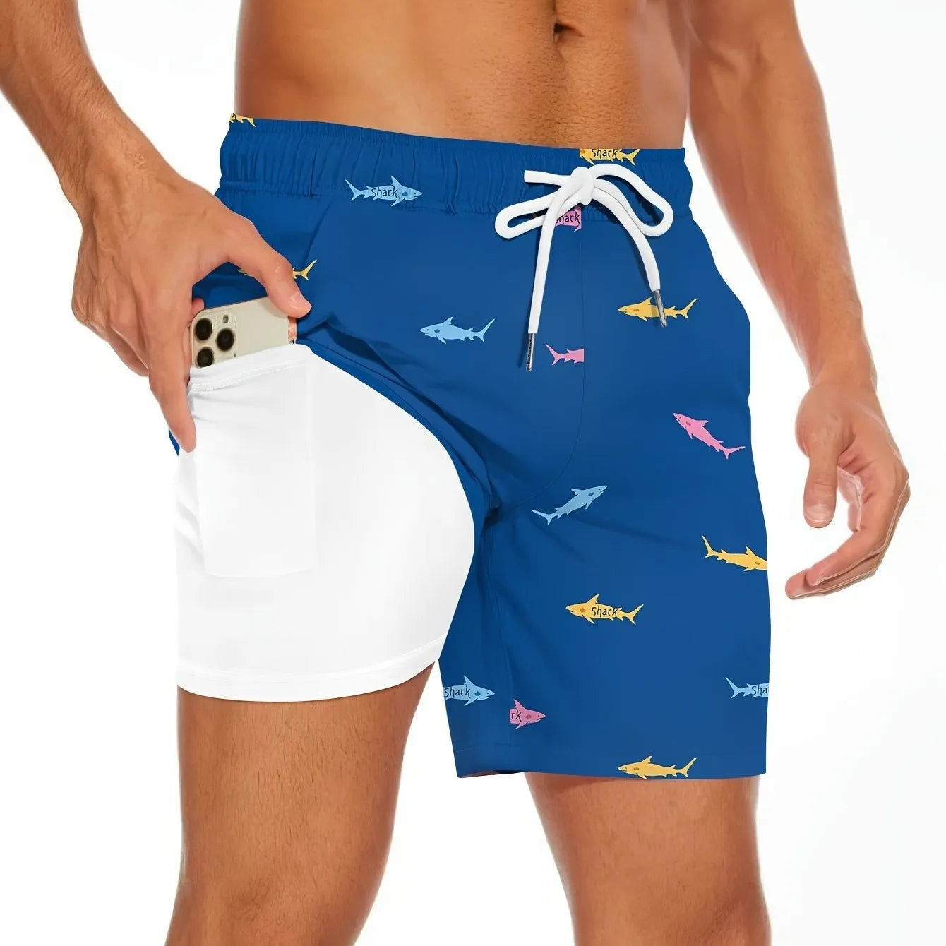 Men's shark print beach shorts with drawstring waist in straight cut design
