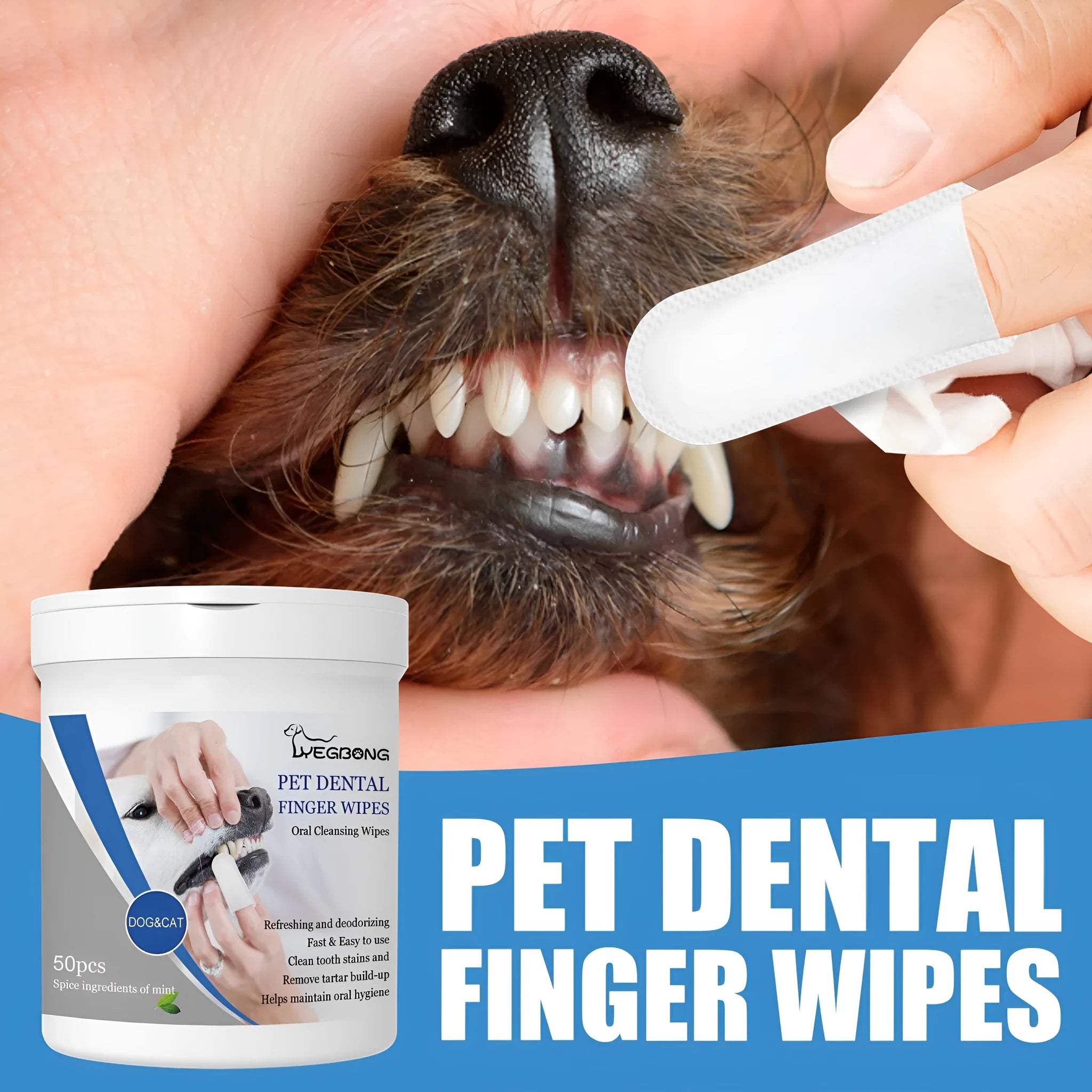 Dog dental finger wipes with 50 pieces and finger stall applicator for oral hygiene